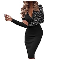 Women's Elegant Deep V-Neck Long Sleeve Sexy Club Party Work Business Bodycon Casual Basic Solid Color/Sequin Patchwork/Floral/Leopard Print Wrap Pencil Midi Dress(B Black L)
