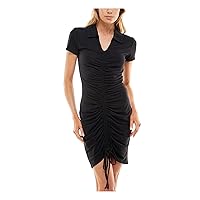 Womens Black Ruched Ribbed Short Sleeve Point Collar Above The Knee Body Con Dress Juniors XXS