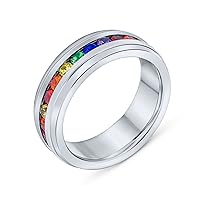 Personalized Engrave Unisex Colorful pride month Couples Channel Set CZ Rainbow 1/2 Eternity Ring LGBTQ Wedding Band Ring Men Women Silver Tone Gold Tone Stainless Steel 8MM Comfort fit Customizable