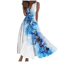 Swing Dress Women's V Neck 2024 Sleeveless Summer Maxi Dress Ladies Boho Waist Retraction Printed Trendy Long Dress