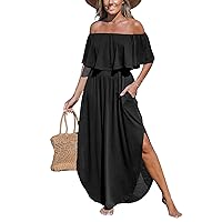 CUPSHE Women's Knit Ruffle Maxi Cover Up Dress Off Shoulder Split Hem Summer Dresses Cover Ups with Pockets