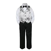 4pc Baby Toddler Kid Boys Silver Vest Black Pants Bow Tie Suits Set (Large:(12-18 months))