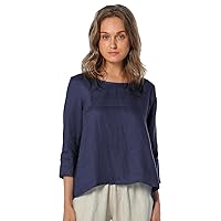 Womens Linen 3/4 Sleeve Blouse Crew Neck Summer Casual Tops Loose Fit