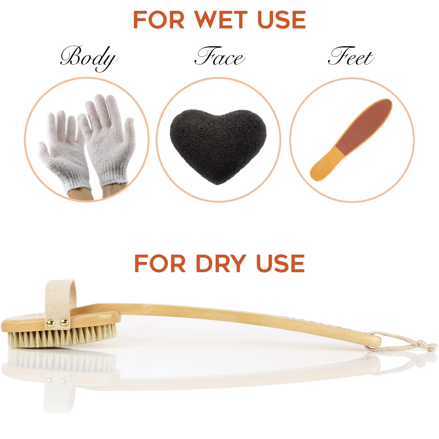 ZEN ME Dry Brushing Body Brush Set for Lymphatic Drainage - Natural Exfoliation Kit with Premium Boar Bristle Brush, Exfoliating Gloves, Konjac Facial Sponge & Foot File, for Bath or Shower