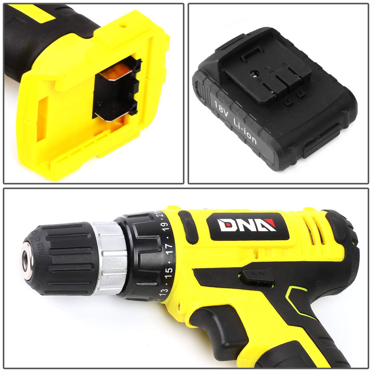 DNA MOTORING TOOLS-00019 Yellow 46 PCs 18V Cordless Drill Driver Bit Set w/Charger+Screwdrivers+Pliers Home/Offic Repair Kit