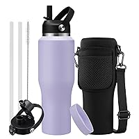 Insulated Tumbler 32oz with Strap, Water Bottle with Straw & Top Handle for Hot 24h & Cold 48h, Stainless Steel Leakproof Hydro Travel Mug Flask, Purple Thermal Cup Fits in Cup Holder