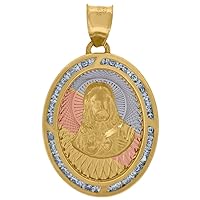 10k Tri color Gold Unisex CZ Cubic Zirconia Simulated Diamond Textured Sacred Love Heart Of Jesus Religious Charm Pendant Necklace Jewelry for Women