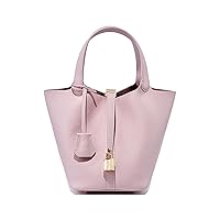 Genuine Leather Small Bucket Bag for Women Stylish Lock Design Satchel Purses Handbags Daily Casual Soft Shoulder Bag