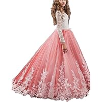 Princess Long Sleeve Girls Pageant Dresses Kids Prom Puffy Tulle Ball Gown