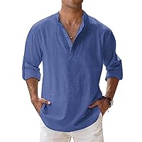 Men's Linen Shirts Long Sleeve Button Down Henley Shirts Casual Solid Band Collar Beach Shirt