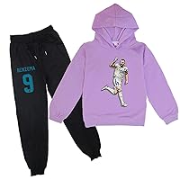 Youth Soccer Stars Hooded Long Sleeve Tops+Sweatpants,Benzema Graphic Tracksuit 2PCs Sets for Boys Girls(2-14Y)