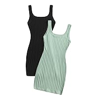 SHENHE Women's 2Pcs Basic Solid Ribbed Tank Dress Scoop Neck Sleeveless Bodycon Mini Dress