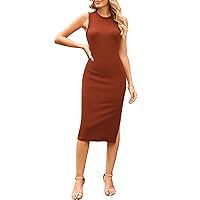 Pink Queen Women's Crewneck Sleeveless Tank Bodycon Ribbed Knit Side Sit Knee Length Pencil Midi Dresses