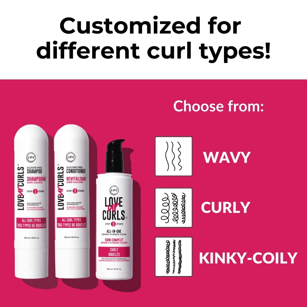 LUS Brands Love Ur Curls for Curly Hair, 3-Step System - Shampoo and Conditioner Set with All-in-One Styler - LUS Curls Hair Products - No Crunch, Nonsticky, Clean - 8.5oz each