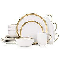Stone Lain Modern Poreclain 16 Piece Dinnerware Set, Plates and Bowls Set, Dish set for 4, White And Golden Rim
