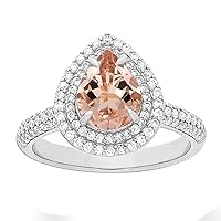 Double Halo Pear Morganite Gemstone 1.5 Ctw Solitaire Accents 925 Sterling Silver Ring