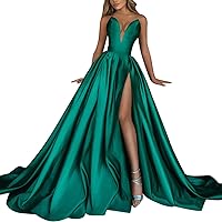 Women's Satin Prom Dresses Cocktail Long Gown Spaghetti Straps V Neck Pleated Formal Party Evening Holiday Maxi Dress