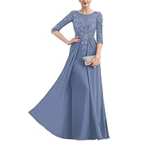 Mother of The Bride Dresses with Long Sleeves Chiffon Formal Evening Gown Lace Wedding Guest Dresses for Women D015