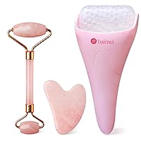 Jade Roller & Gua Sha(Pink) and Ice Roller, Reduce Puffiness and Refresh Your Skin