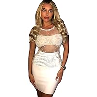 UONBOX Women's Round Neck Short Sleeve Pearl Hand Embellished Sheer Club See Through Mini Bodycon Dress