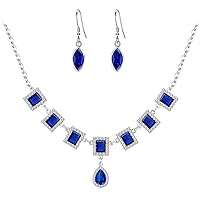 BiBeary Jewellery Set for Women Pendant Teardrop Crystal Bridal Party Elegant Flower Necklace Ellipse Hook Earrings Silver Tone Sapphire Royal Blue Colour