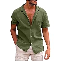 Men's Relaxed Fit Button Down Shirt, Summer Short Sleeve Beach Shirts Plain Cotton Linen T-Shirt for Men Casual Tops