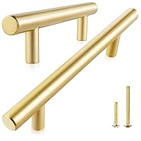 QOGRISUN 5-Pack Solid Brass Cabinet Pulls, Gold Euro Style T Bar Handles, 5-Inch Hole Center for Kitchen Drawer Dresser Cupboard, 7-Inch Total Length, Brushed Brass Finish