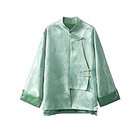 Women Jacket Silk Floral Pattern Pleated Mock Neck Connect Shoulder Sleeve Hand Button Retro Top 123