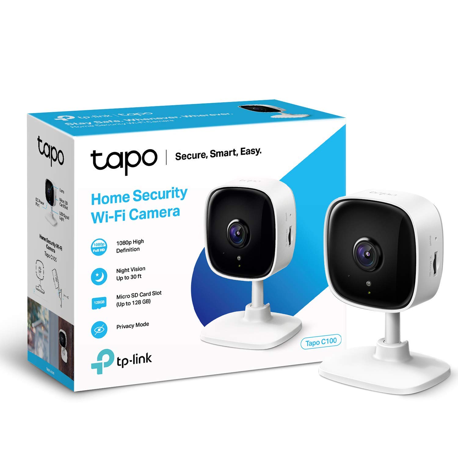 Tapo Mini Smart Security Camera, Indoor CCTV, Works with Alexa & Google Home, No Hub Required, 1080p, 2-Way Audio, Night Vision, SD Storage,Baby Crying/Motion Detection Device Sharing (Tapo C100)