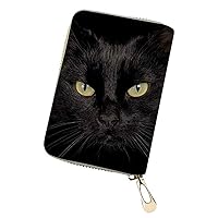 HUGS IDEA Leather Credit Card Holder for Women Ladies Black Cat Pattern Purse Handbag Storage Mini Wallets Cases