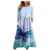 Trendy Summer Mid Length Dress for Women Short Sleeve Wedding Loose Fit Soft Graphic Cotton Dress for Ladies.