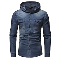 Men's Long Sleeve Slim Fit Button Up Washed Denim Shirts with Hood