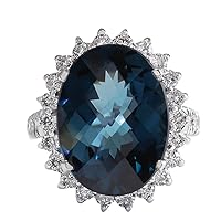 15.99 Carat Natural London Blue Topaz and Diamond (F-G Color, VS1-VS2 Clarity) 14K White Gold Cocktail Ring for Women Exclusively Handcrafted in USA
