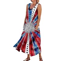 Summer Dress for Women 2024 Plus Size Casual Sundress with Pockets Cotton Linen Crew Neck Sleeveless Flowy Beach Dress