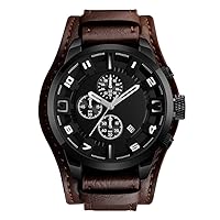 FeiWen Men's Leather Band Watches Stainless Steel Dial Fashion Casual Style Analogue Quartz Wrist Watches Stopwatch Calendar Sports Watch
