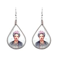 Frida Inspired Graphic Silk Thread Teardrop Dangle Earrings - Womens Fashion Handmade Jewelry Famous Artist Accessories
