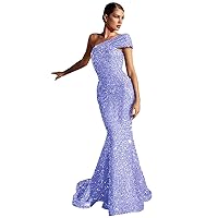 Basgute Sparkly Sequin Mermaid Prom Dresses for Teens 2024 Glitter Long Bodycon One Shoulder Formal Evening Party Gowns