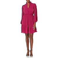 London Times Women's Stand Collar Tiered Dress with Smocking and Ruffle Details