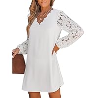 CUPSHE Women's Mini Dress Scalloped V Neck Lace Appliques Long Sleeve Loose Fit A Line Casual Dress