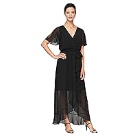 S.L. Fashions Women's Short Sleeve Chiffon V-Neck Wrap Dress with Cascade Ruffle