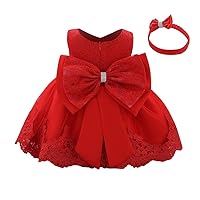 Baby Girl Christmas Dress Infant Toddler Wedding Flower Girl Dress Bowknot Embroidered Lace Tutu Dress with Headband First Birthday Pageant Princess Dress Formal Dresses Red 12-18 Months