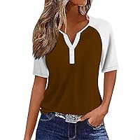 Women's T-Shirts Dressy Button Down Tunic Y2K Tops Short Sleeve Patchwork Blouses Henley V Neck Summer Cute Clothes
