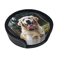Funny Golden Retriever Print Leather Coasters Set of 6 Waterproof Heat-Resistant Drink Coasters Round Cup Mat with Holder for Living Room Kitchen Bar Coffee Decor