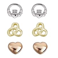 DECADENCE Sterling Silver Polished Heart, Celtic Knot and Claddagh Stud Set