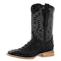 Mens Black Western Leather Cowboy Boots Crocodile Back Print Square