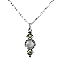 NOVICA Handmade .925 Sterling Silver Cultured Freshwater Pearl Peridot Pendant Necklace from India Green White Birthstone 'Green Rays'