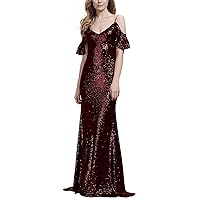 Long Ruffled V-Neck Bridesmaid Dresses Mermaid Maxi Sequined Formal Gowns for Women