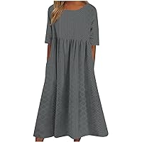 Plus Size Summer Dresses,Elegant Women's Casual Jacquard Short Sleeve Dress with Waist and Solid Color Pleate