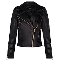 Ladies Leather Biker Jacket Quilted Matte Black Gold Zip Real Nappa Goth Fashion Moto Jacket