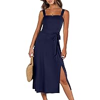 Prinbara Womens Dress 2024 Summer Casual A-line Flowy Square Neck Split Long Sundresses Vacation Beach Teen Girl Midi Dresses
